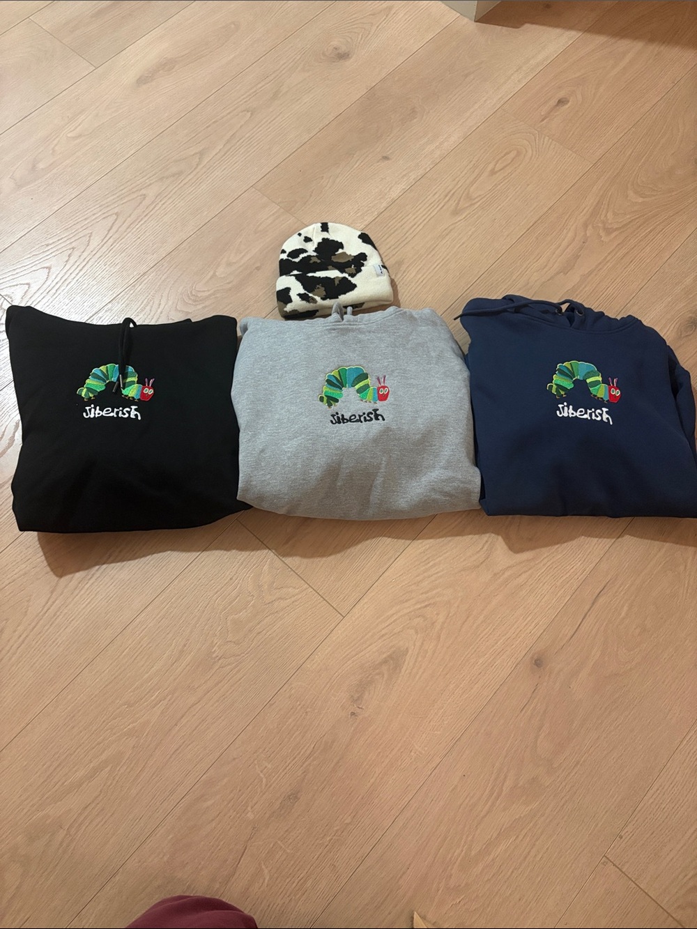 Jiberish Caterpillar Hoodie Bundle | Black, Grey & Navy Blue Set + Beanie Size L